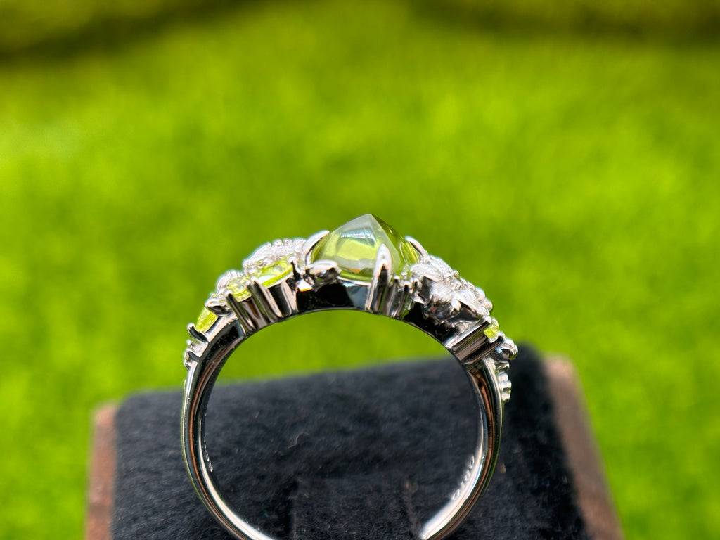 Floral Botanical Olive Green Gemstone Ring – 925 Sterling Silver Rhodium Plated