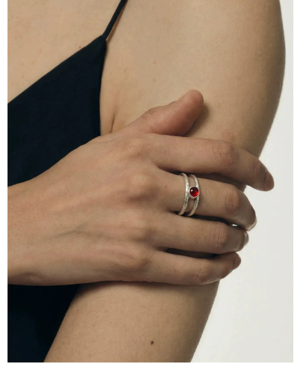 "Aura" Hammered Double-Band Gemstone Ring Adjustable Slilver