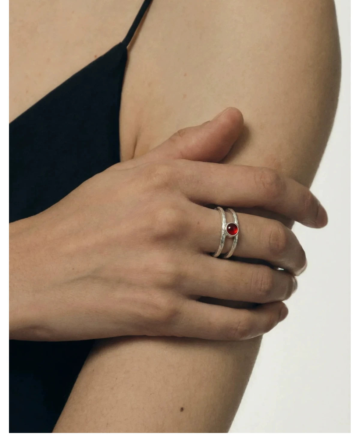 "Aura" Hammered Double-Band Gemstone Ring Adjustable Slilver