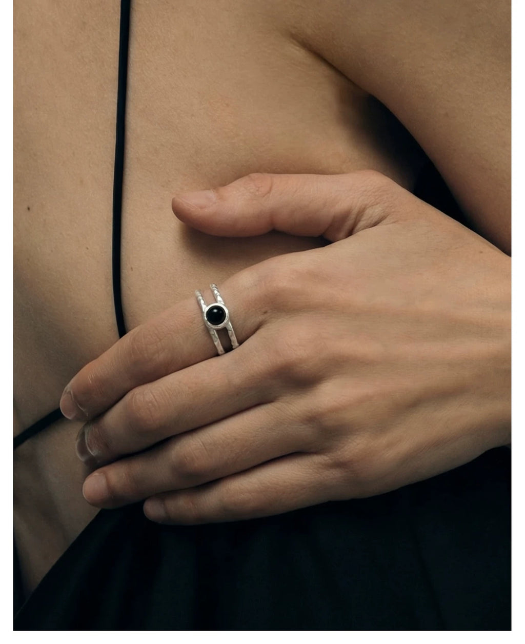"Aura" Hammered Double-Band Gemstone Ring Adjustable Slilver
