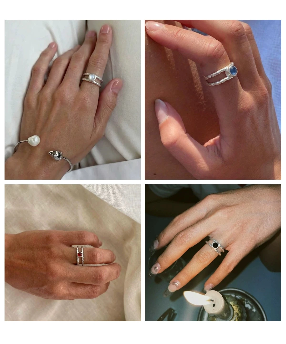 "Aura" Hammered Double-Band Gemstone Ring Adjustable Slilver