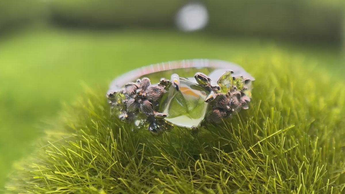 Floral Botanical Olive Green Gemstone Ring – 925 Sterling Silver Rhodium Plated